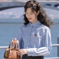 Dalton Nơ Áo Sơ Mi Nữ, Áo Sơ Mi Sọc Y2K Rời, Thêu Ngọt Ngào Dạo Phố Tất Cả Trận Đấu Áo Dài Tay Mùa Xuân Thu