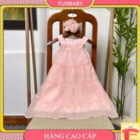 Đầm 2 dây bé gái tặng chun buộc tóc 2-11 tuổi cổ cách điệu thêu hoa hàng thiết kế vải tơ nhẹ