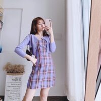 Đầm 2 dây caro + áo khoác len