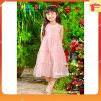 Đầm 2 dây cho bé gái tặng chun buộc tóc 2-11 tuổi cổ cách điệu thêu hoa hàng thiết kế vải tơ nhẹ