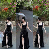Đầm 2 dây cổ vuông xẻ tà kèm hoa rời