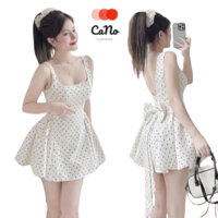 Đầm 2 Dây Dáng Xòe Bánh Bèo trắng chấm bi nơ lưng CANO CLOTHING Váy Đi Tiệc Cổ Vuông Cao Cấp Đẹp Quyến Rũ ,Sang Trọng