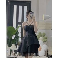 Đầm 2 dây đính đá tùng xoè tầng