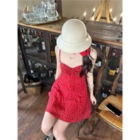 Đầm 2 dây hoa nhí nhún ngực thắt nơ form xòe đỏ, đen Lina Closet
