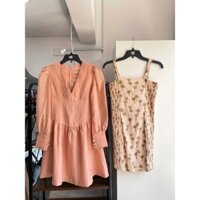Đầm 2 dây hồng hoạ tiết bo chun & Đầm cổ V hồng xếp li