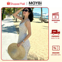 Đầm 2 dây lụa xòe họa tiết xám nền trắng, váy maxi cúp ngực quyến rũ đi biển sang trọng - Maybi Chính Hãng