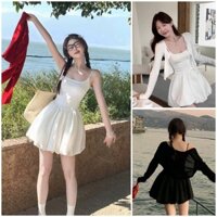 Đầm 2 dây mix chân váy bí, váy ngắn 2 cổ vuông phối chân váy Y2K phong cách Đại Lục