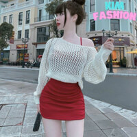 Đầm 2 dây ôm body chất thun tăm thiết kế phối áo khoác lưới len độc đáo Kim Fashion, Sét đầm 2 món cực sang chảnh