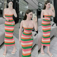 Đầm 2 dây phối viền màu ôm body dáng dài len QC