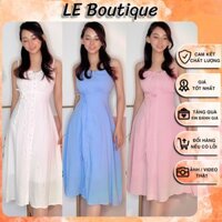 Đầm 2 dây xòe, nút trai, lenin, cột nơ eo, maxi, trắng, hồng, xanh, maxi, bánh bèo, dễ thương, hai dây