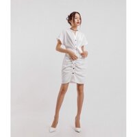 Đầm A cổ tròn có tẻ V,thân cài khuy nút,eo cột nơ,có phần nhún dọc theo khuy nút. Free SIZE 40kg-53kg VÁY HNOSS PASS