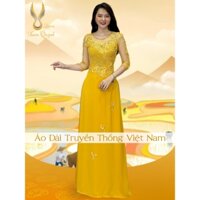 Đầm Áo Dài Dạ Hội Đính Kết Nổi Bật, Lụa Mỹ Cao Cấp QVIP01 Vàng - Xuân Quỳnh Luxury