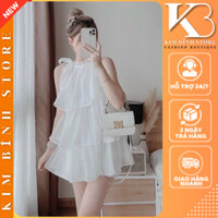 Đầm - Áo váy voan tơ 3 tầng cổ yếm thắt nơ dáng babydoll xòe tầng sang chảnh cho nữ
