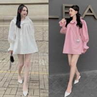 Đầm baby doll cổ bèo tay dài bo trắng/hồng nhạt baby, váy suông ngắn dễ thương thời trang đi chơi dạo phố hình thật