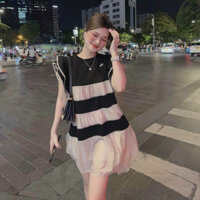 Đầm baby doll thời trang nữ tay bèo lụa ý phối voan ánh tơ mặc đi chơi