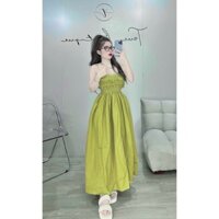 Đầm babydoll 2 dây bo nhún ngực, đầm maxi đi biển kiểu dáng Hàn Quốc