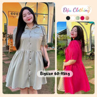Đầm Babydoll Bigsize Nữ Cổ Sơ Mi Tay Ngắn Phồng Có Túi Dáng Váy Xòe Trên Gối Vải Cotton DAM1