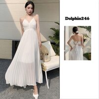 Đầm babydoll bigsize trắng Đầm maxi dáng dài đi biển dự tiệc cho nữ tiểu thư cổ V hở lưng sexy CT-6