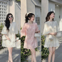 đầm babydoll chất ren hoa dễ thương. 2 màu hồng,kem siu iu
