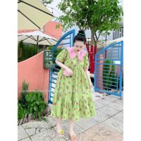 đầm babydoll cổ sơ mi phối vièn hoa nhí dễ thương bầu bì bon chen được gb