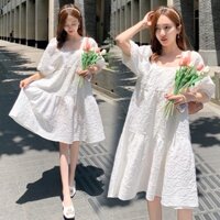 Đầm babydoll dáng dài bánh bèo, Váy nữ bầu form rộng tay bồng dáng xòe tiểu thư kiểu hàn dễ thương