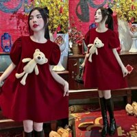 Đầm babydoll dáng xoè chất nhung dày dặn cổ tròn tay ngắn búp bê kèm gấu thật y hình đáng yêu xinh xắn