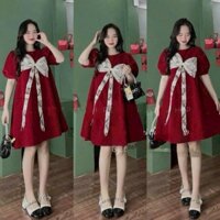 Đầm babydoll đính nơ ren to trước ngực chất vải nhung màu đỏ đen Fashionhcm,