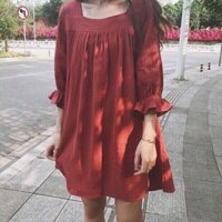 Đầm babydoll đỏ tay nơ phồng chất kate lụa