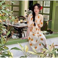 Đầm Babydoll Hoa Cam Tay Bồng Đầm Hoa Dáng Dài Siêu Xinh