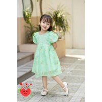 Đầm babydoll hoa cho bé gái tay phồng phong cách Hàn Quốc từ 12-35kg chất vải tơ mềm mát - XANH,18-19KG