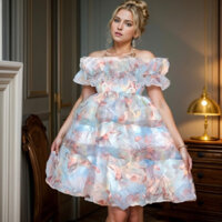 Đầm babydoll in hoa cao cấp chất liêu organza in hoa , sang chảnh - 289