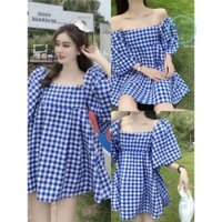 Đầm Babydoll Nữ Kẻ Xanh Cổ Vuông , Váy Nữ Tay Bồng Kẻ Caro Dáng Xòe HMQ021