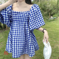 Đầm Babydoll Nữ Kẻ Xanh Cổ Vuông , Váy Nữ Tay Bồng Kẻ Caro Dáng Xòe Q021