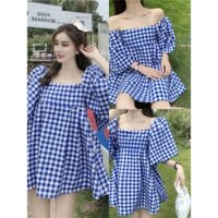 Đầm Babydoll Nữ Kẻ Xanh Cổ Vuông , Váy Nữ Tay Bồng Kẻ Caro Dáng Xòe Q021