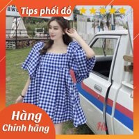 Đầm babydoll nữ kẻ xanh, cổ vuông váy nữ tay bồng, dáng xoè