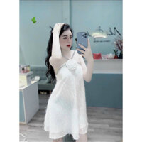 Đầm babydoll nữ thời trang mặc đi chơi cổ yếm đính nơ chất vải xô lông 2 màu đen trắng y hình, Freesize