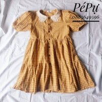 đầm babydoll sọc caro cổ ren chỉ đan