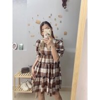 ĐẦM BABYDOLL sọc caro NÂU RETRO hottrend 2021