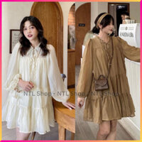 Đầm babydoll tay dài nơ cổ dễ thương, đầm xòe bồng cổ tròn tiểu thư, Đầm babydoll cổ bèo tay dài Ulzzang đũi tơ hai - Hà