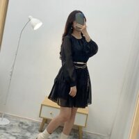 Đầm babydoll tay phồng tiểu thư [2 lớp] Váy nữ phối nơ ngực chất tơ mịn V-BB .