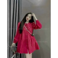Đầm babydoll thời trang nữ đi chơi dễ thương nhẹ nhàng chất tăm nhung cổ tròn bèo tay phồng dài from rộng dài mini