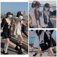 Đầm Babydoll thủy thủ dài tay Váy Trắng đen sơ mi ulzzang công chúa suông đẹp nữ Kozoda D35