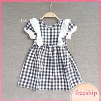 Đầm babydoll trẻ em 1-12 tuổi cộc tay hàng thiết kẻ caro cổ phối ren, Váy hè cho bé gái thoáng mát