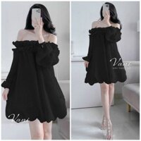 Đầm babydoll voan xốp tơ thời trang nữ dễ thương nhẹ nhàng đầm trễ vai kèm dây xích dài tay đầm ngắn xòe