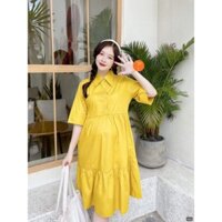 Đầm bầu baby doll cổ sơ mi tay lửng dáng xoè đính nút thật cho bé ti cực xinh