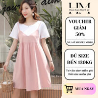 Đầm bầu babydoll bigsize yếm 2 dây liền áo Đầm bầu công sở cộc tay mặc đi làm đi chơi thiết kế bởi Happy Mom
