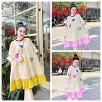 Đầm bầu babydoll chất cotton họa tiết dễ thương kết hợp viền ren Freesize 68kg, VM06