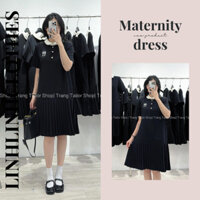 Đầm bầu babydoll dự tiệc , váy bầu thiết kế cổ bèo cúc đá đuôi cá dập ly thêu nơ cao cấp đi làm đi chơi bầu bí thoải mái