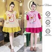 Đầm bầu babydoll thỏ Rabbit cộc tay mùa hè chân váy phối voan lụa V904 Váy thun cotton mặc trước và sau sinh