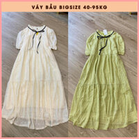 Đầm bầu Bigsize ren kim sa OanhLTK - Váy bầu tết dáng tầng cổ bèo nơ trắng xanh cốm xinh thiết kế
